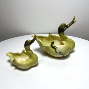 Mid Century Modern Hull Ceramic Chartreuse Green Imperial Swan Planter Bowls